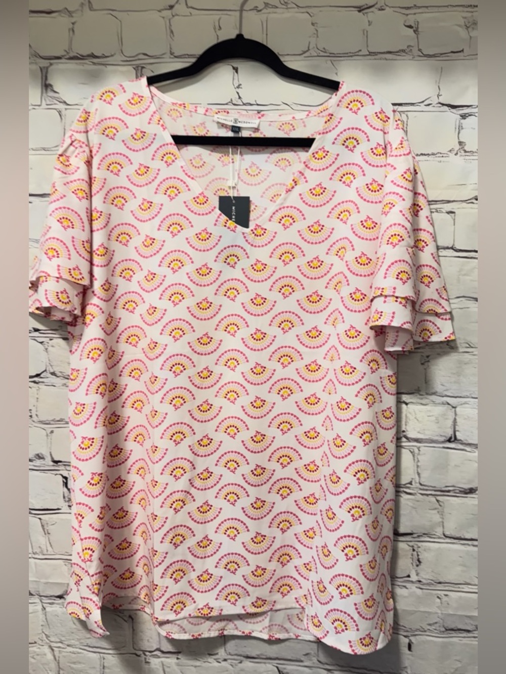 MICHELLE MCDOWELL BREEZY AFTERNOON GRAYSON TOP PNK WHITE SHORT SLEEVE XXL